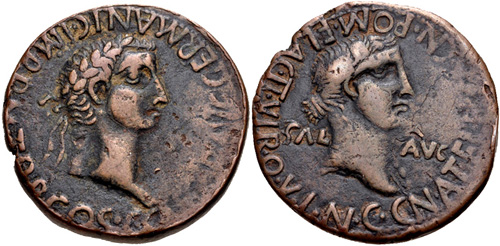Cng Eauction 422 Spain Carthago Nova Gaius Caligula With Caesonia Ad 37 41 Ae As 28mm 6 00 G 6h Carthago Nova Mint In Spain Cn Atellius Flaccus And Cn Pompeius Flaccus Duoviri